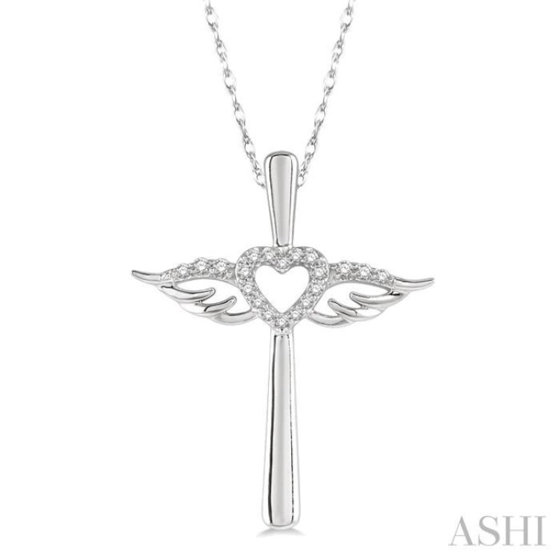 1/10 Ctw Angel Wing & Heart Round Cut Diamond Cross Pendant With Chain in 10K White Gold